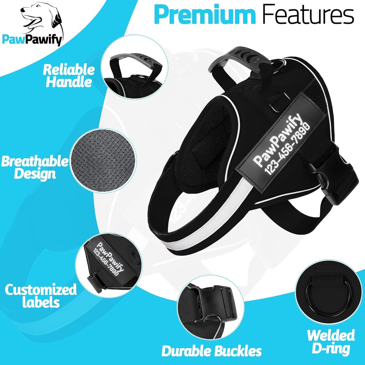 PawPawify Custom No Pull Dog Harness with Name and Phone Number, Heavy Duty Personalized Pet Vest to Prevent Tugging, Pulling, or Choking, Training and Walking (New Black, XL (60-85 LBS))