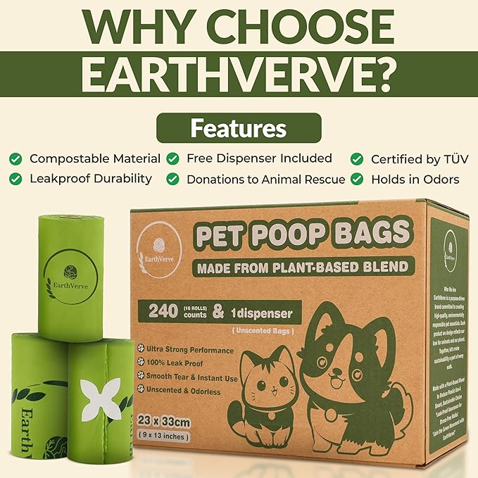 EarthVerve Dog & Cat Compostable Poop Bags (240 Counts w/Dispenser) - Plant Based, Enhanced Leak-Resistant, Odor-Resistant & Durable – Unscented,Sustainable Cleanup Solution –10% to Animal Rescue