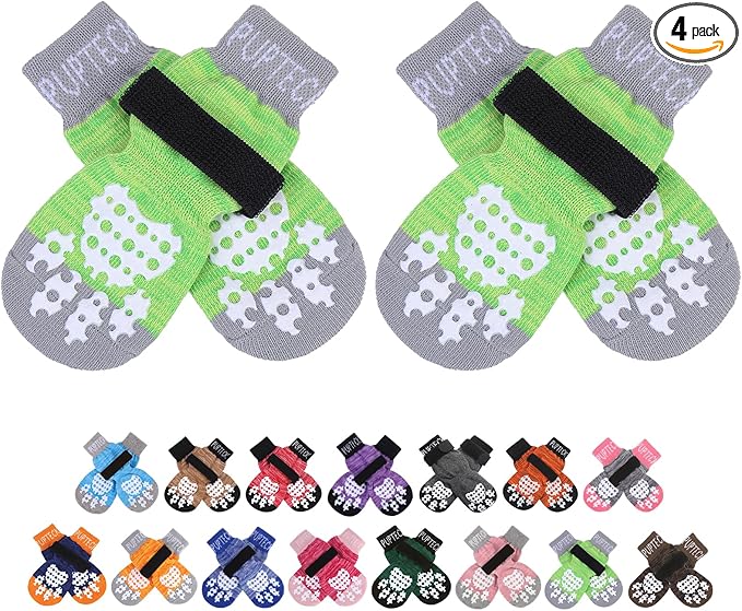 PUPTECK Anti-Slip Dog Socks with Double Sides Grips for Small Medium Large Dogs Hardwood Floors Prevents Licking, Dog Shoes for Hot Pavement Traction Control for Senior Dogs, Fluorescent Green, L