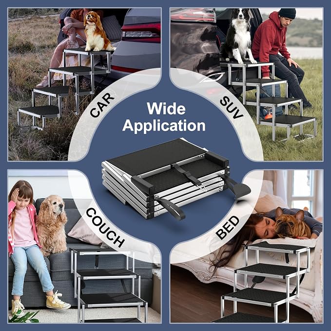 Foldable Dog Stairs for Car, 17" Aluminum Dog Steps for Car 4 Steps | Collapsible Dog Ramp for Car with Non-Slip Surface, Portable Pet Ramps Stairs SUV, High Beds, Truck, Supports up to 200 lbs