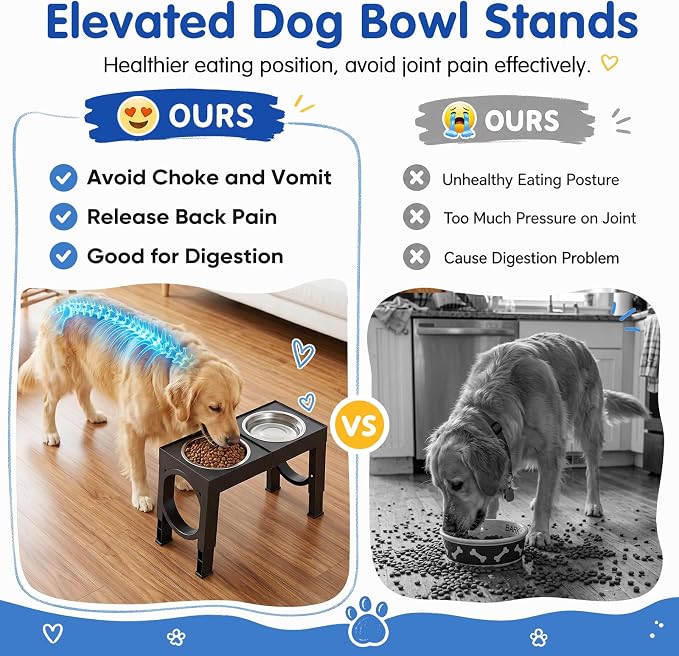 XIAZ Elevated Dog Bowls Large Breed Raised Dogs Bowl Stand Large/Medium Sized Dog Stainless Steel Food Water Bowl Stands 5 Heights Adjustable 9/11/12/14in Black Pet Feeder Dish Station