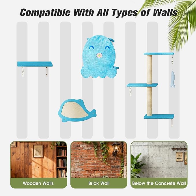 5 Pcs Wall-Mounted Climber Set, Wood Indoor with Shelves and Perches, Ladder, Condo House, Scratching Board and Tree, Wall Shelves Furniture for Cats (Ocean Blue)