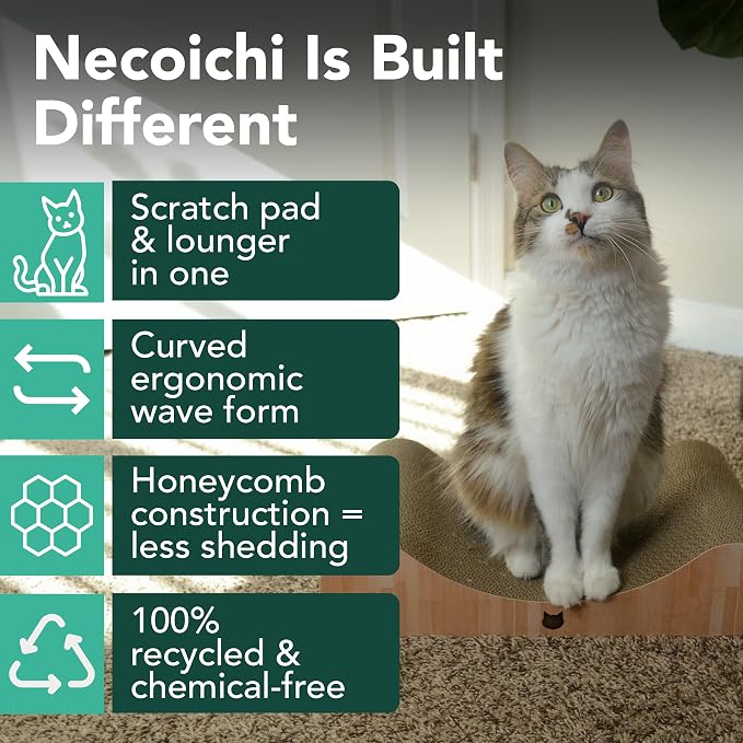 Necoichi Cardboard Cat Scratcher Bed for Indoor Cats - Cat Scratching Board, Horizontal Cat Scratch Pad Lounger with Reversible Usability and Extra Comfort for Lounge, Curved (18" Regular, Oak)