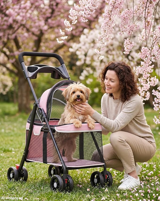 GTPLAYER Foldable Pet Stroller for Small Dogs and Cats, Holds Up to 33 lb, 4 Wheel, Full Mesh Ultra Breathable, Safety Tethers, Cup Holder & Poop Bags Included, Pink