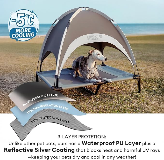Outdoor Elevated Dog Bed with Canopy Large Sized Dog, 48" Grey | Portable Raised Camping Pet Cot Hammock,Breathable Teslin Mesh,Waterproof,For Large Pets Up to 120 lbs,Easy to Assemble