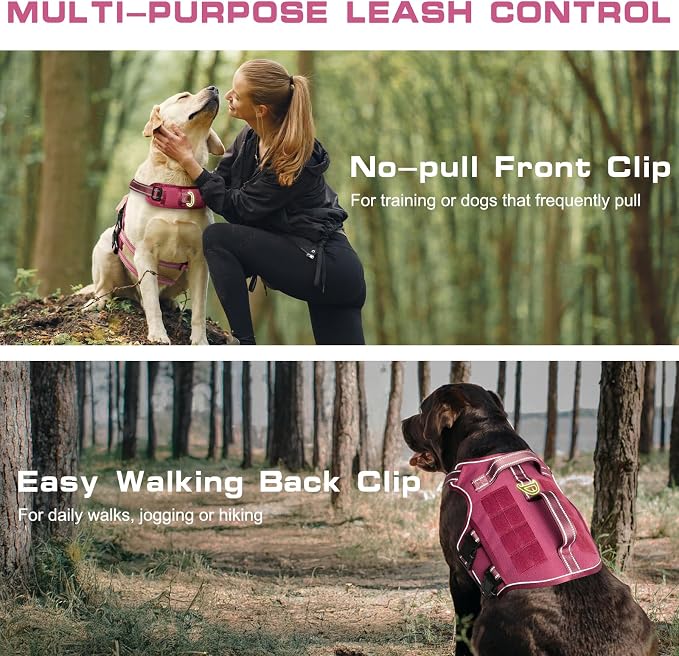 Dog Harness Medium Sized Dog, No Pull Dog Vest with Molle System | Tactical, Easy Control With Handle, Breathable Soft Padded, Adjustable, Reflective, No Choke for Walking, Pink Medium