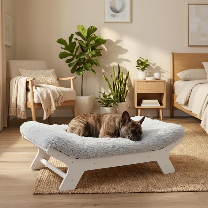 Elevated Wood Dog Bed Frame Mat Set, Whitecolor, Small | Raised Sturdy Attractive Dog Sofa Couch Furniture,45 lb