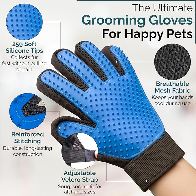 Pet Grooming Gloves for Dogs & Cats – Premium 259-Tip Deshedding & Massage Mitts, Easy-Peel Hair Removal, Adjustable Strap, 1 Pair (Blue/Pink) (Blue)