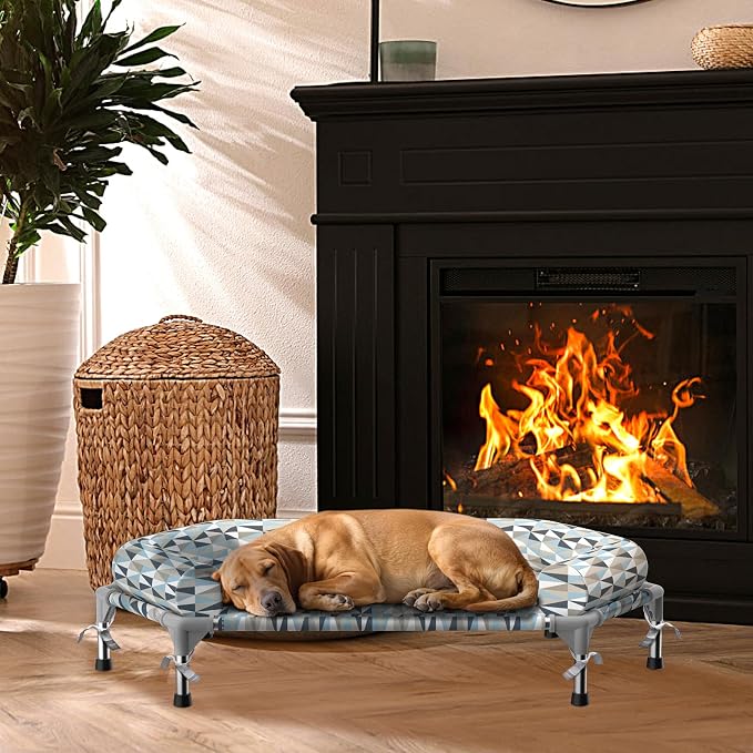 Elevated Dog Bed with Bolster, Raised Cooling Orthopedic Dogs Cot Medium | Hexagon Outdoor Dog Bed with Metal Frame for Up to 80 lbs, Portable Dog Hammock for Patio Camping, Breathable, Off the Ground