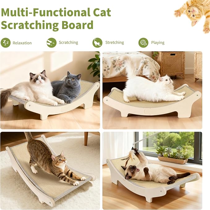 Sisal Cat Hammock Bed for Indoor Cats, Upgraded Support Rods | Wooden Scratcher Lounger, Elevated Scratch Pad for Large Cats up to 20 lbs, Natural Furniture Protector