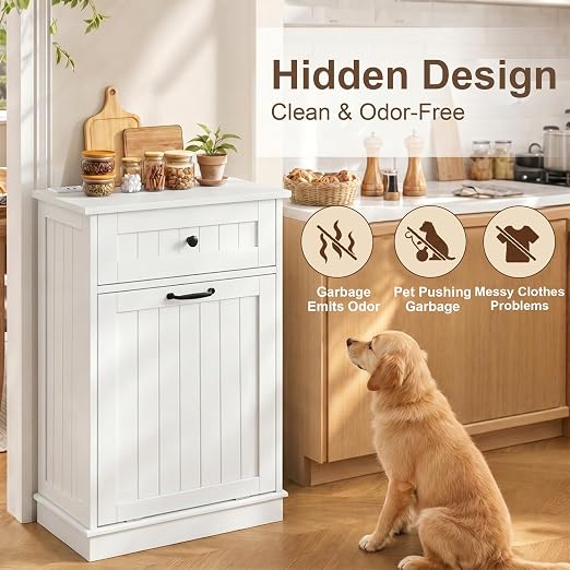13 Gallon Tilt Out Trash Can Cabinet with Drawer, Hidden Trash Bin Storage | Cabinet with Drawers for Kitchen, Bathroom and Laundry Room