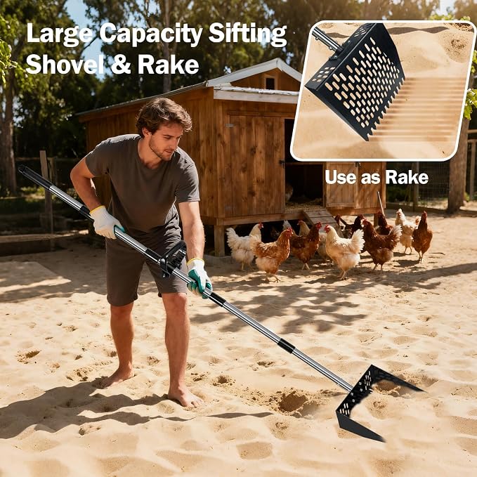 3-in-1 Heavy Duty 10" Wide One Piece Stainless Steel Chicken Pooper Scooper | 23-76" Extra Long Adjustable Handle No Bend Back Pain Relief, Pooper Scooper for Large Dogs, Shovel for Farm, Sand, Garden