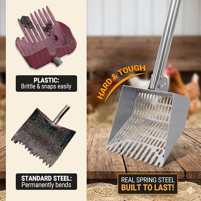 Chicken Poop Scooper Spring Steel Shovel 38-66in Extendable Handle | 3 Adjustable Angle Sifting Shovel Professional Poultry Litter Cleaner for Chicken Coop, Duck, Goat and Sand