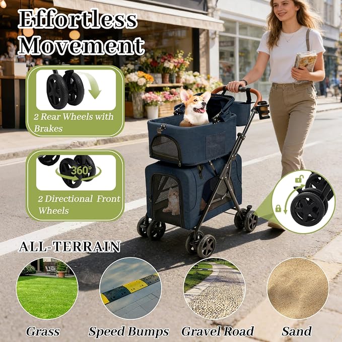 Dog Stroller with Detachable Carriers, Foldable Dog Stroller for Medium Dogs 20 lbs with Cup Holder and Storage Bag, Pet Stroller for Small Dogs, Double Cat Strollers Suitable for All-Terrain
