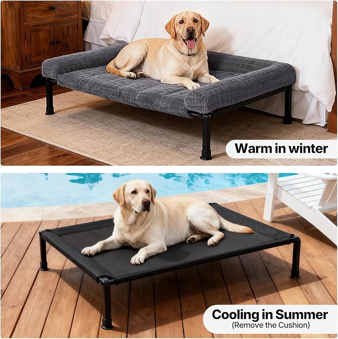 Veehoo Elevated Dog Bed with Fluffy Plush Bolster Cushion, Dog Couch Bed | Cooling Raised Dog Bed for Large Dogs, Washable Orthopedic Pet Cot with Removable Mat, Breathable Mesh, Non-Slip, 42", Grey