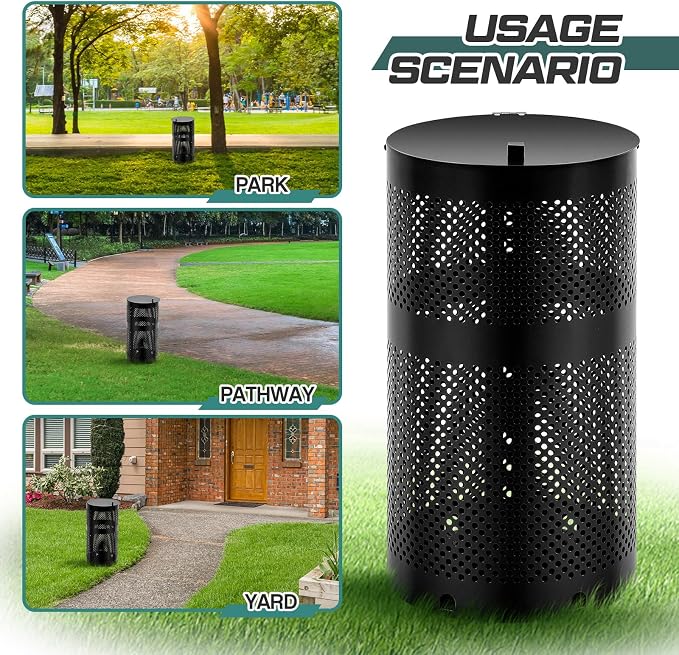 Dansydaisy Round Outdoor 10 Gallon Capacity Trash Can with Lid for Dog Waste Station - Rust Free UV Powder Coated - Designed to Mount on Any Post or Wall(Black)