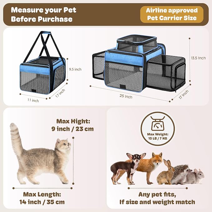 Top and 2 Sides Expandable Pet Carrier 17x11x9.5, TSA Airline Approved Small Dog Carriers for Small Dogs, Soft-Sided Cat Carrier with Self-Locking Zippers for Kitten,Rabbit, Puppy, Guinea Pig Blue