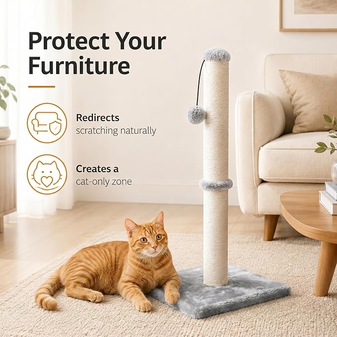 Dimaka 34" Tall Cat Scratching Post for Large Cats and Kittens, High Vertical Scratcher with Premium Natural Sisal Rope and Interactive Hanging Ball for Indoor Cat(Grey, 34 inches for Large Cats)