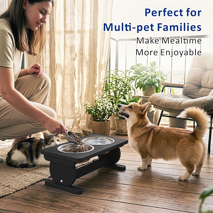 Raised Dog Bowl Stand for Small Sized Breed, Feeding Station with 21 oz 2 Stainless Steel Bowls & Licking Plate,Dog Food Bowl Black