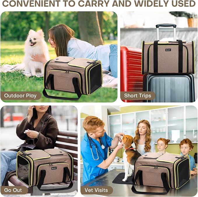 Pet Carrier, Large Soft Sided Expandable Travel Carrier with Steel Frame, Anti-Scratch Mesh, Removable Fleece Pad and Pockets for Cats, Dogs and Small Animals up to 15 lbs (Brown, 4 Sides Expandable)