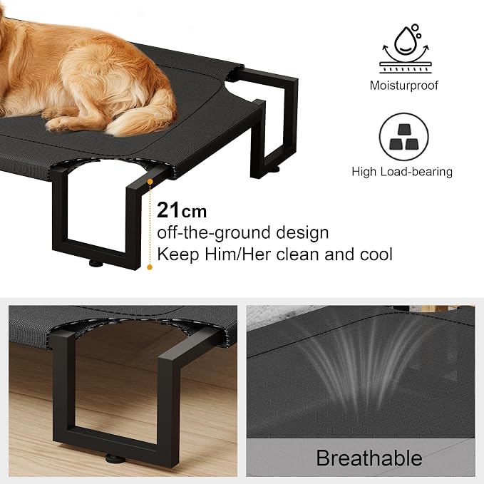 Elevated Dog Bed,Raised Outdoor Dog Bed for XLarge Sized Dogs | Waterproof Cooling Dog Cot with Washable Breathable Teslin Mesh,Pet Bed with Heavy Duty Frame,No-Slip Feet,Black 125×85×21cm