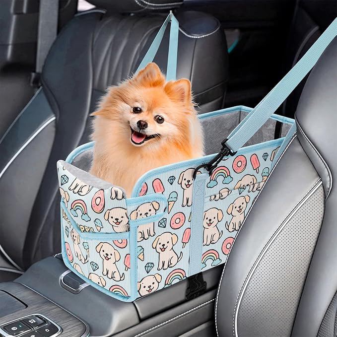 Console Dog Car Seat for Small Dogs, Foldable Booster Seat, Blue Puppy | Portable Booster Seat Sits On Car Console/ Armrest. Foldable for Easy Storage. for Center Console, Easy To Clean.