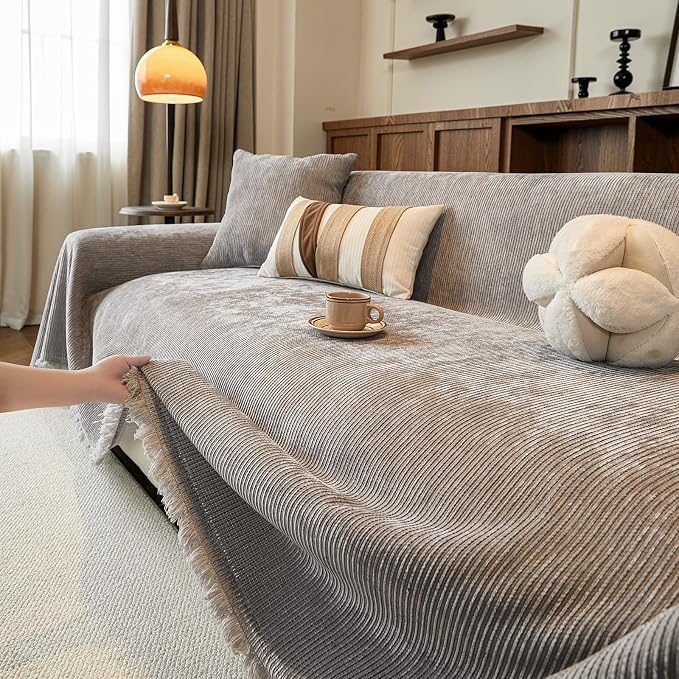 VClife Vintage Light Gray Striped Couch Cover with Tassel, 71" X 118" | Soft Thick Chenille Couch Covers for 2 Cushion Couch Sofa, Washable Sofa Covers for Sectional Sofa, Fade & Shrink Resistant