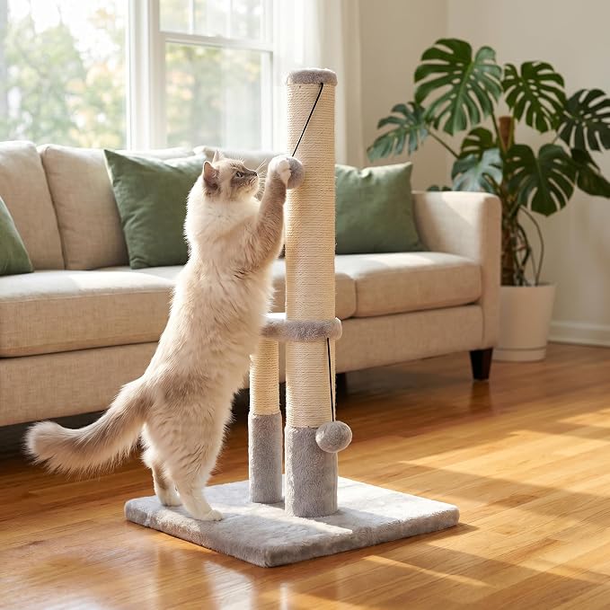 Dimaka Tall Cat Scratching Post, Double Lower Posts Extra Stable Cat Post Tree Scratcher with Sisal Rope and Teasing 4 Balls Total Large Base (Grey)