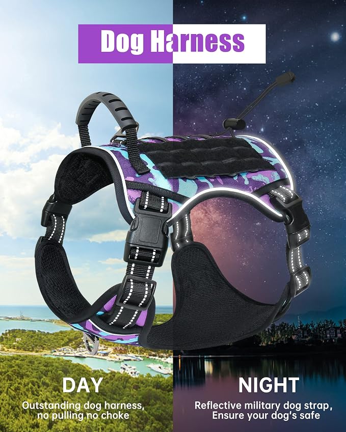 Tactical Dog Harness No Pull,Service Dog Vest with Handle,Purple Camo, XL | Adjustable Military,Reflective ＆ Molle Loop Panels, for Medium Large Size Dogs for Training Walking Running