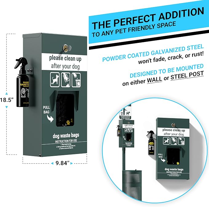 EMMA + OLIVER Locking Dog Waste Bag Dispenser | Locking Dispenser, Glow in the Dark Sign, Hand Sanitizer Bottle and Rain Guard, 400 Pull Out Header Bags Included