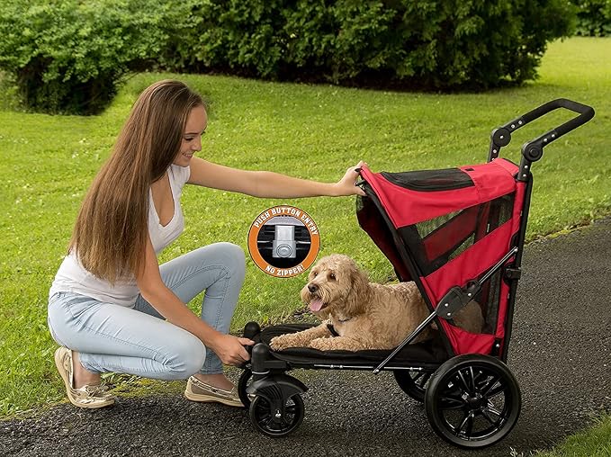 Pet Gear NO-Zip Pet Stroller with Dual Entry, Push Button Zipperless Entry for Single or Multiple Dogs/Cats, Pet Can Easily Walk in/Out, Gel-Filled Tires, Candy Red, Excursion