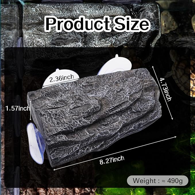Turtle Basking Platform with 3 Suction Cups,for Frogs,Tortoise,Grey | 8.66" Floating Resting Terrace, |Adjustable Level | Natural Rock Texture, Anti-Skid | for Fish Tank, Aquarium, Terrarium