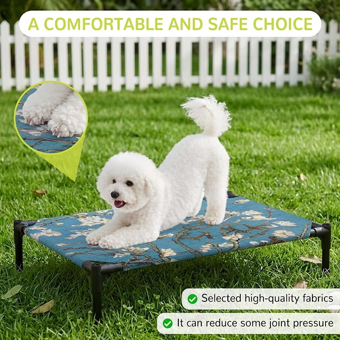 Outdoor Elevated Dog Bed for Large Dogs, Flowers Branches Breathable Cooling Raised Dog Cot for Indoor/Outdoor, Farmhouse Turquoise Sky Moon Tree Waterproof Elevated Pet Beds, L 28 x 22 in