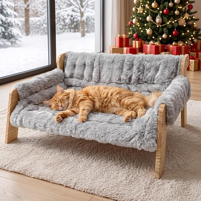 homegroove Elevated Cat Couch Bed, Wood Cat Sofa for Indoor Cats, Gray | 27"L x 18"W x 11.8"H, solid wood cat bed with removable washable cushion, available in white and gray, for cats & small dogs