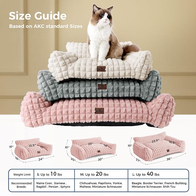 Cute Small Dog Couch Bed – Supportive & Fluffy Pet Sofa with Faux Rabbit Fur Washable Cover in 3D Diamond Pattern, 30" Pink