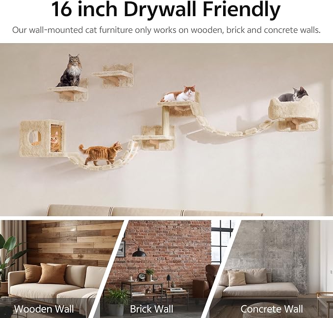 9-in-1 Cat Wall Shelves, Cat Wall Furniture Set with Bridge, Beige | Wall Mounted Cats Shelf for Space-Saving, Multi-Level Cat Climbing Systems for 16 Inch Drywall, with Scratching Posts, Condos