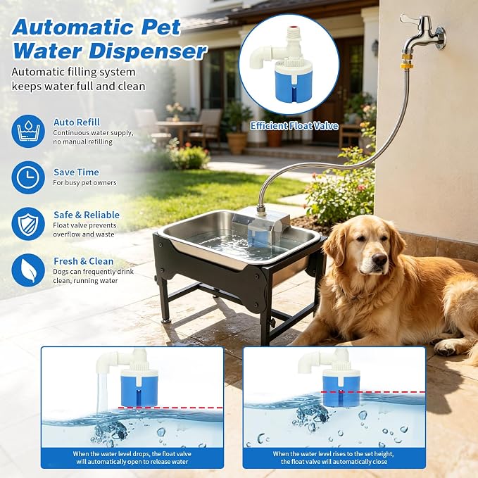 3 Gallon Outdoor Automatic Dog Water Dispenser, 4-Height Stand | Dog Water Bowl Dispenser, Auto-Refill Float Valve, Stainless Steel Bowl, Outdoor Livestock Use, 4 Heights, 14 x 10.6 x 5.9 in