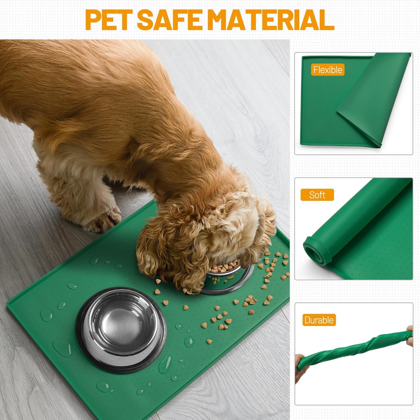 Hubulk Dog Feeding Mat,100% Waterproof Food Grade Silicone Pet Food and Water Bowl Placemat,Dishwasher, High Raised Edge to Prevent Spills,Nonslip Tray to Stop Messes on Floor（32"x24"x1.0",Hunter）