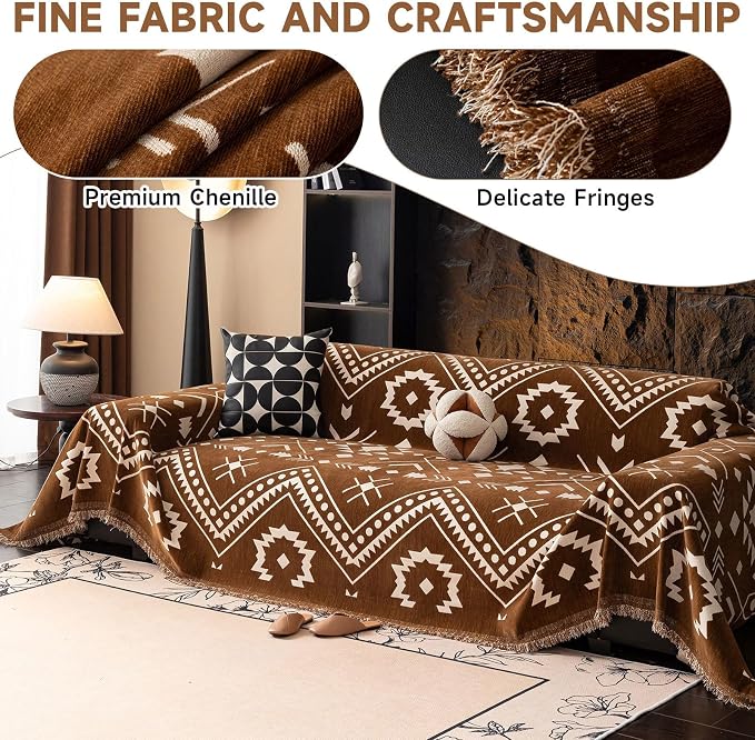 VClife Boho Couch Cover - Brown White Tribal Geometric Pattern Sofa Cover for 3 Cushion Couch Sofa Anti-Slip Washable Couch Cushion Cover, Diamond Zigzag Futon Sofa Protector for Living Room Decor
