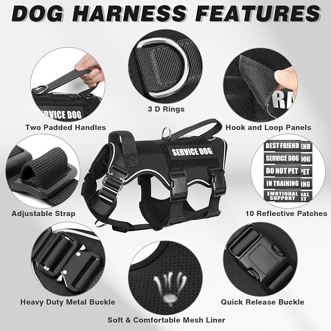Tactical Dog Harness and Leash Set with Metal Buckles+10 Patches | Heavy Duty Service Dog Vest ,Adjustable Harness for Large Sized Dogs,No Pull Front Back Clips,for Training Hiking,Black XL