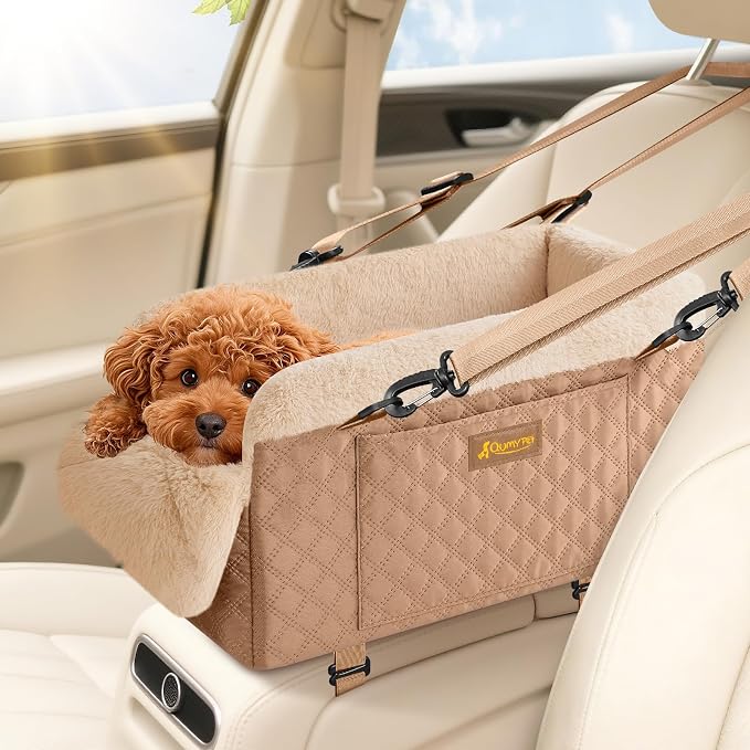 QUMY Middle Center Console Dog Car Seats for Small Dogs Up to 11lbs, Khaki | Portable Dog Booster Car Seat, Multi-Purpose Puppy CarSeat with Adjustable Harness, Small Dog Cat Pet Car Carriers for Travel