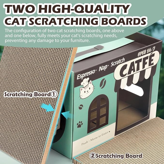 ARGOPET Cardboard Cat Scratcher House, Cozy Cardboard Design with 2 PCS Scratching Pads, Cat Scratcher Box & Bed, 17-Inch Corrugated Cat Scratcher, Safe and Secure for Kittens, Easy to Assemble（Green）