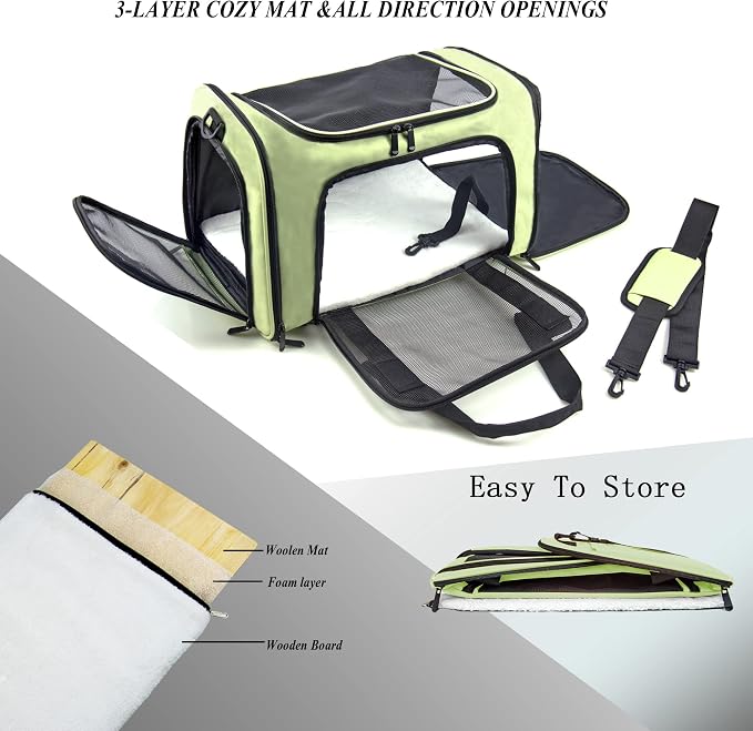 Soft Sided Carrier for Small Medium Cats Dogs,TSA Airline Approved Collapsible Travel Pet Carrier Medium Green