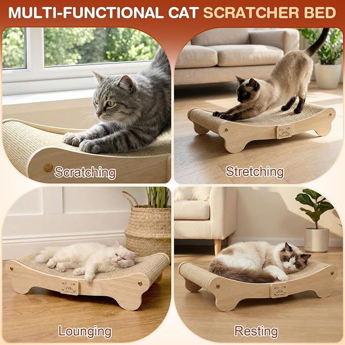 NOCOEX Sisal Cat Scratcher Bed: Wood Scratch Board Hammock for Indoor Cats | Natural Solid Wood Curved Frame Lounger Sleep Scratching Pad Post Large Cats 45 lbs, Easy Assembly Modern Furniture Protector