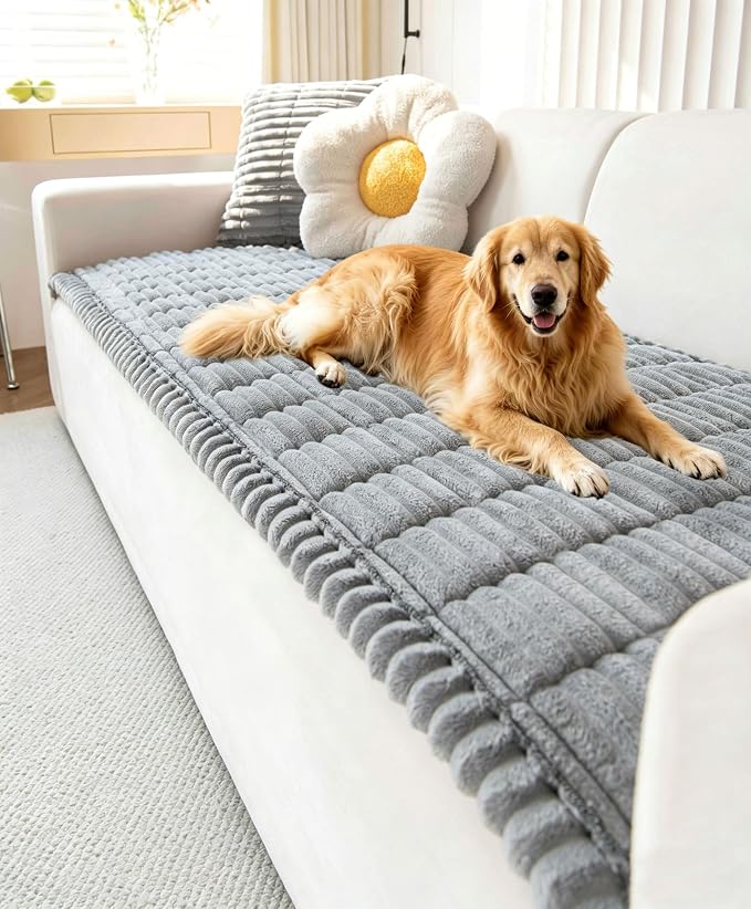 OTOB Couch Cover for Dogs Washable, Non Slip Plush Fuzzy Sofa Covers for 3 Cushion Couch Pet Friendly, Soft All Seasons Sofa Slipcover Cozy Furniture Protector (Gray, 31.5" x 82.7")