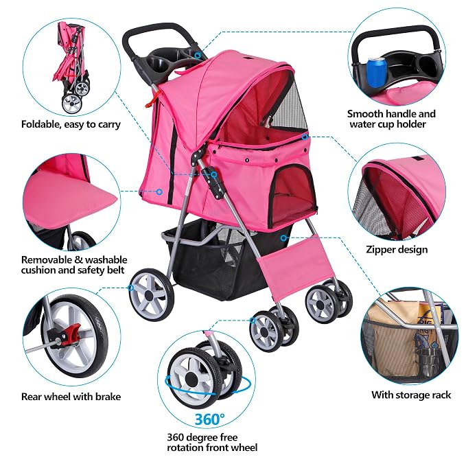 LEMY Foldable Pet Stroller,4 Wheels Cat/Dog Stroller with Weather Cover for Small/Medium Dogs and Cats,Pink Pet Strolling Cart with Storage Basket and Cup Holder