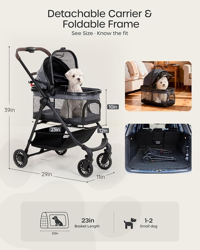 3 in 1 Pet Carrier Stroller with Detachable Carrier, Foldable Dog & Cat Stroller for Small/Medium Dogs up to 33 lbs, Large Storage Bag, Full Window Mesh, One-Touch Dual Brake, Car Seat