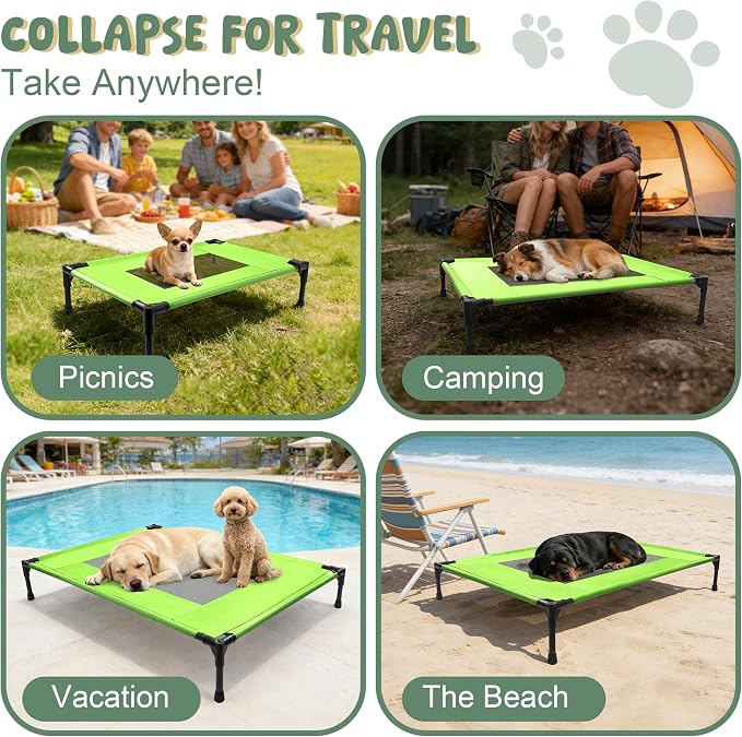 Elevated Dog Bed for Large Dogs - Outdoor Cooling Cot with Washable Breathable Mesh, Portable Raised Pet Bed with Non-Slip Feet & Waterproof Teslin, Heavy Duty & Chew Proof for Camping (Green, Medium)