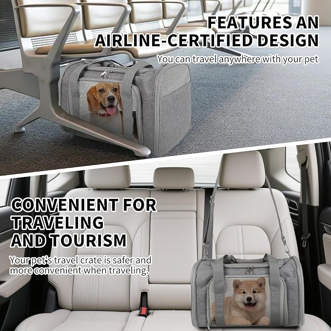Cat Carrier, Soft-Sided Airline Approved Pet Carrier Case with 4 Ventilated Windows for Cats and Dogs Under 10-25Lbs (17.0 L x 11.0 W x 11.0 H Inch, Grey)