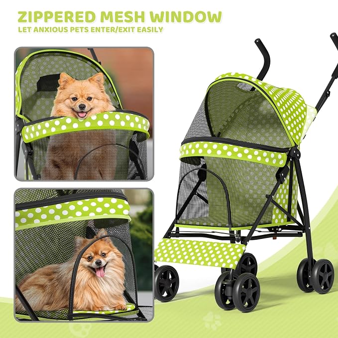 Magshion Compact Pet Stroller for Small-Medium Dogs/Cats up to 22lbs, 4-Wheel Lightweight Umbrella Shaped Portable Puppy Travel Jogger with Breathable Mesh, Cup Holder & Rear Storage, Lawn Green